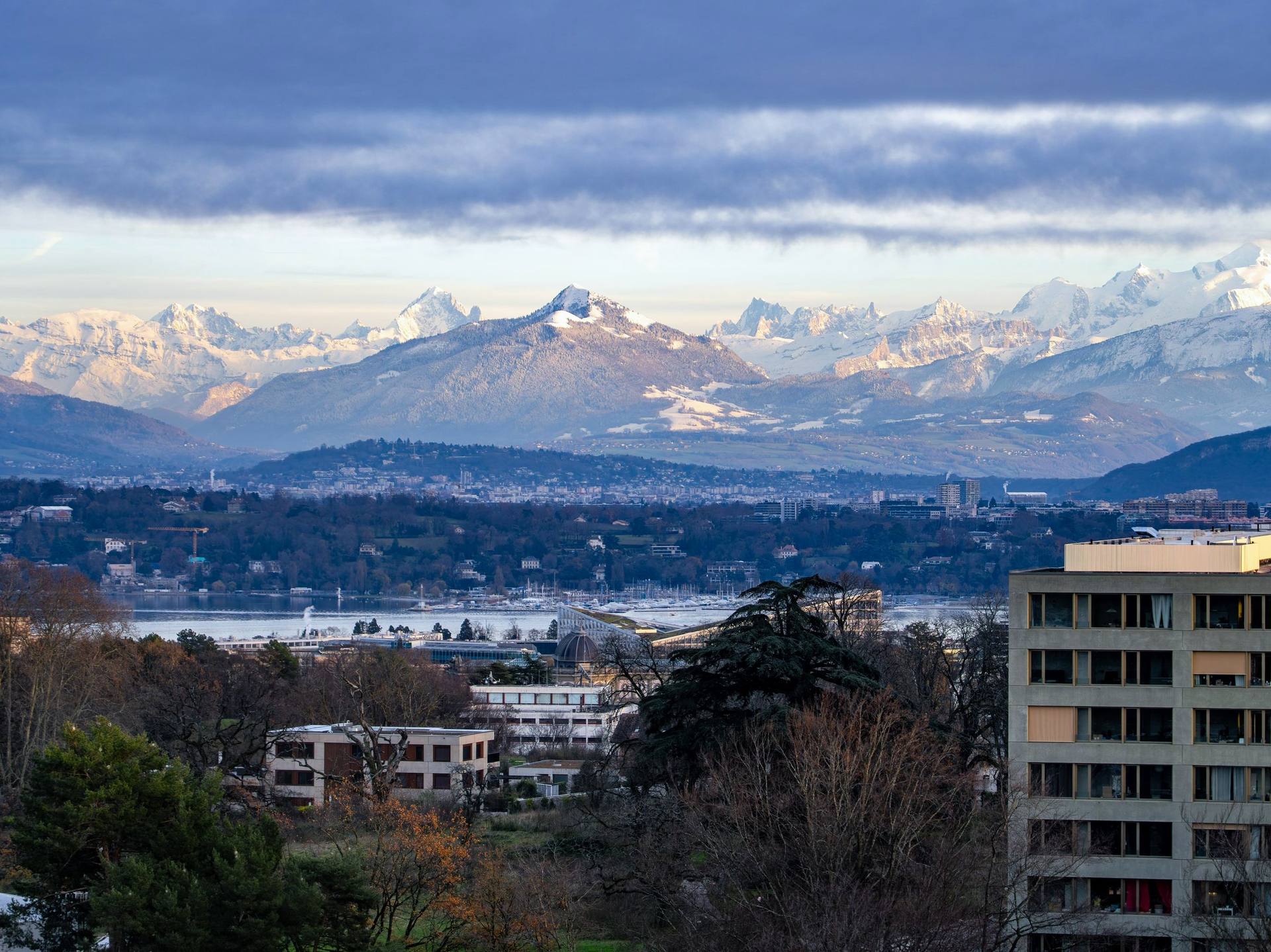 Genève et les Alpes enneigées vues depuis les hauteurs de la ville